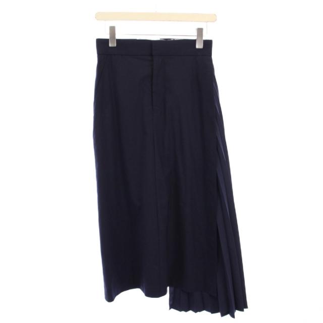 【中古】未使用品 ハイク プリーツ切替スカート フレア ミモレ ロング アシンメトリー ウール 1 紺 ネイビー