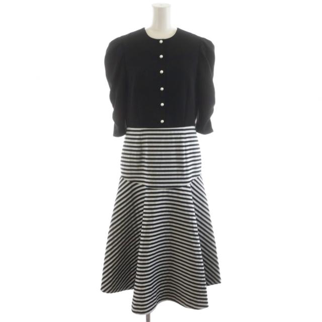 【中古】ボーダーズアットバルコニー 22SS マーメイドドレス ワンピース ミモレ ロング 5分袖 パール装飾 36 黒 白