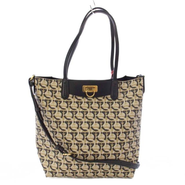 【中古】サルヴァトーレフェラガモ トートバッグ ショルダーバッグ 2WAY ガンチーニ 総柄 ポーチ ベージュ レディース