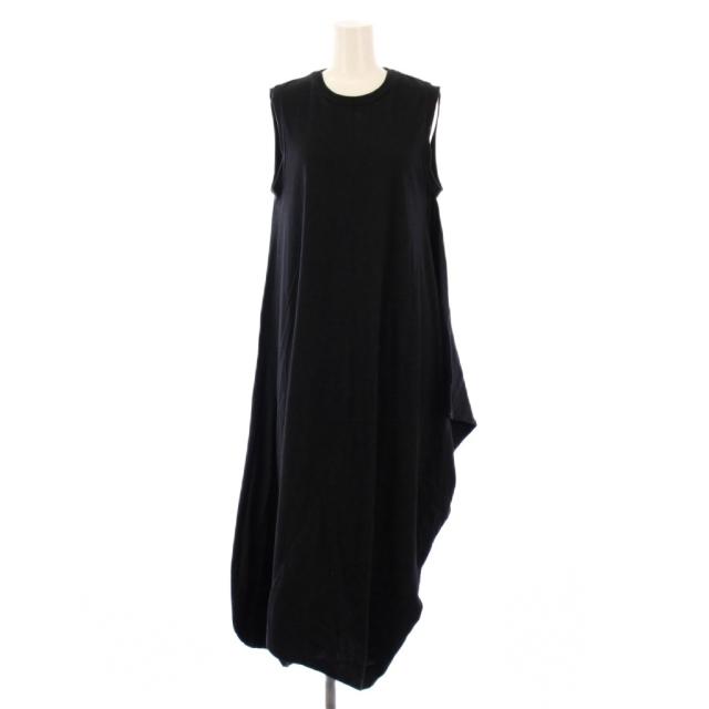 【中古】ナゴンスタンス フレアワンピース ミモレ ロング ノースリーブ アシンメトリー クルーネック ストレッチ 黒