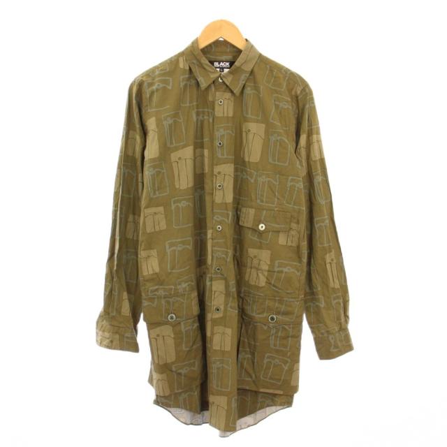 【中古】コムデギャルソンブラック AD2020 フィリップパゴウスキ カジュアルシャツ 長袖 総柄 L カーキ