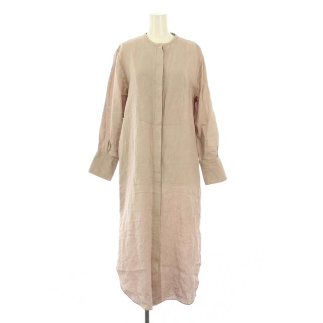 【中古】ハウスオブロータス ヘンプシャツワンピース ミモレ ロング 長袖 バンドカラー 無地 ワンカラー M ピンク