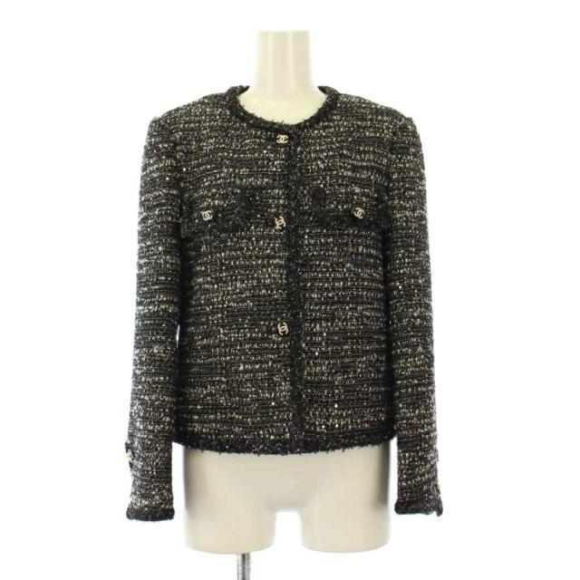 【中古】シャネル uniform ノーカラージャケット アウター ショート丈 ココボタン ココマーク ウール シルク 黒