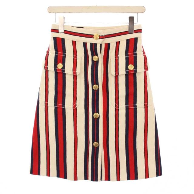 【中古】グッチ GUCCI 台形スカート ひざ丈 コットン GGボタン ストライプ 38 ベージュ 519436 /KH レディース
