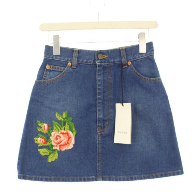 【中古】未使用品 グッチ GUCCI フラワー刺繍 デニムスカート 台形 ミニ 38 青 456973 /KH レディース