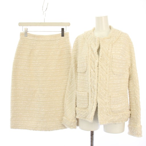 【中古】アナイ ANAYI 20AW スーツ セットアップ ツイード ノーカラージャケット スカート ひざ丈 38 白