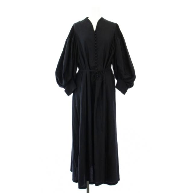 【中古】マメクロゴウチ シルクコットンパフスリーブワンピース マキシ ロング シャツ 長袖 スキッパー ベルト 2 紺