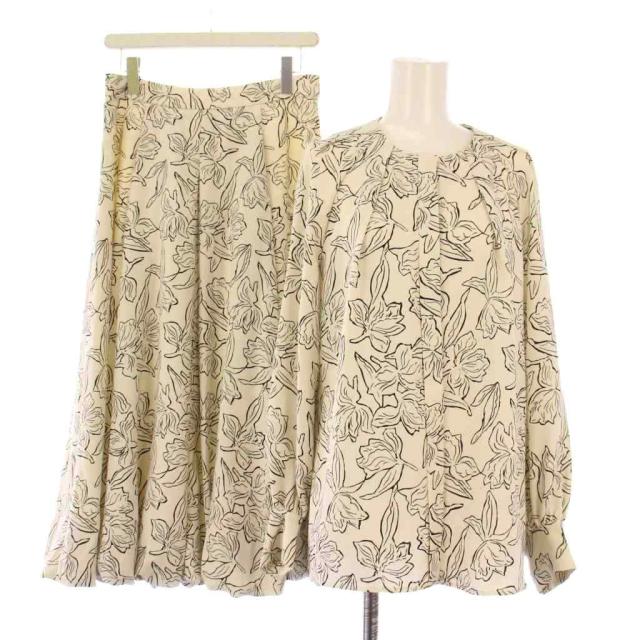 【中古】レリアン BOURGE セットアップ シャツ ブラウス 長袖 クルーネック フレアスカート 40 黒 アイボリー