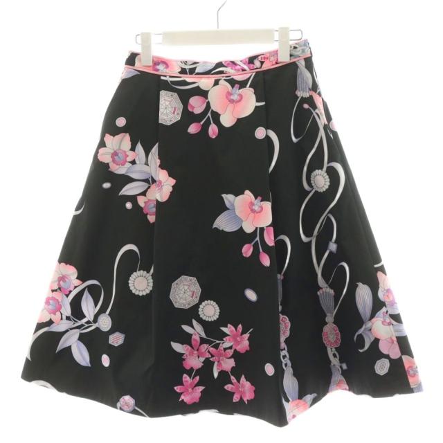 【中古】未使用品 レオナール LEONARD ファッション FASHION フレアスカート ひざ丈 花柄 2 ピンク 黒