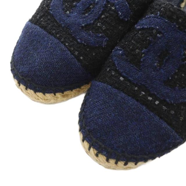 【中古】シャネル CHANEL ココマーク スリッポン シューズ ツイード エスパドリーユ ロゴ 22.5cm 黒 青 G29762