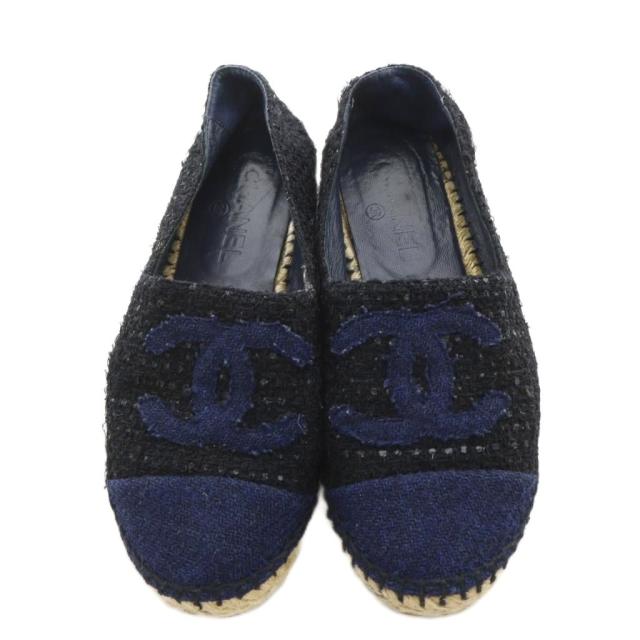 【中古】シャネル CHANEL ココマーク スリッポン シューズ ツイード エスパドリーユ ロゴ 22.5cm 黒 青 G29762