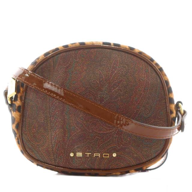 【中古】エトロ ETRO ショルダーバッグ ラウンド レオパード ヒョウ柄 ペイズリー ハラコ PVC 茶 ブラウン