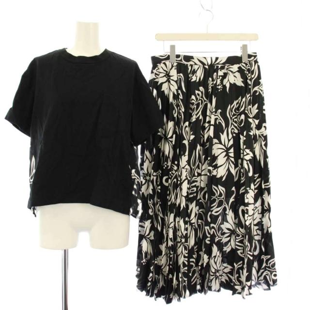 【中古】サカイ 24SS Floral Print セットアップ Tシャツ カットソー 半袖 プリーツスカート ロング 2 黒 24-07054