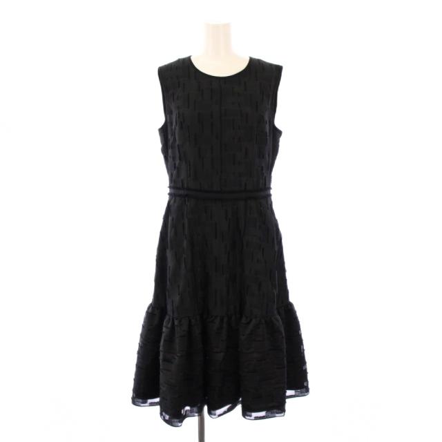 【中古】フォクシー FOXEY フレアワンピース ミモレ ロング ノースリーブ クルーネック 総柄 ワンカラー 40 黒