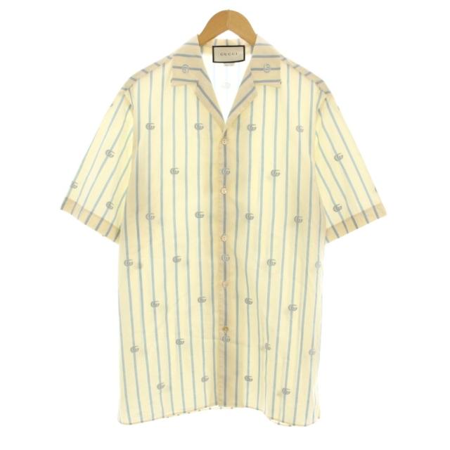 【中古】グッチ ダブルG ストライプ コットン ボウリングシャツ カジュアルシャツ 半袖 オープンカラー 623156 ZAD7M