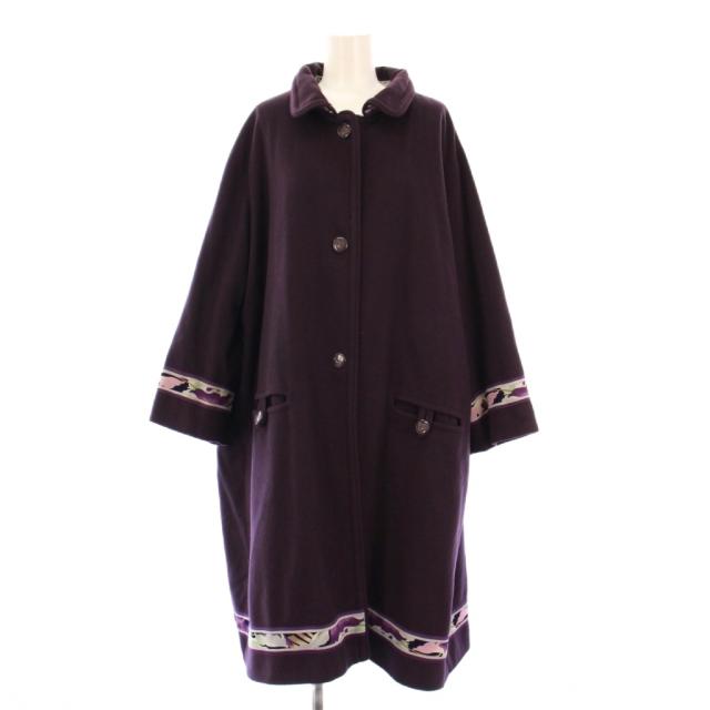 【中古】レオナール LEONARD ステンカラーコート アウター ロング丈 シングル 花柄 カシミヤ シルク 切替 46 紫