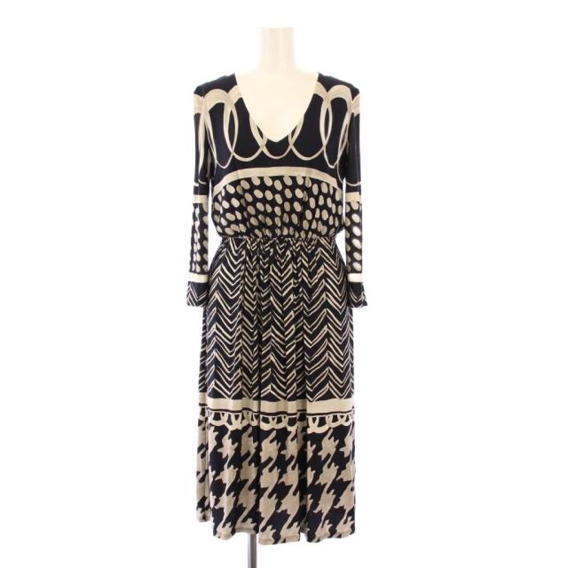 【中古】マックスマーラ MAX MARA ワンピース ミモレ ロング 七分袖 Vネック 総柄 ストレッチ 40 ベージュ 黒