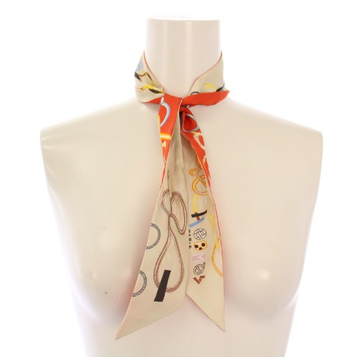 【中古】エルメス HERMES ツイリー Do Re Boucles ド・レ・ブックル スカーフ シルク 総柄 アイボリー オレンジ