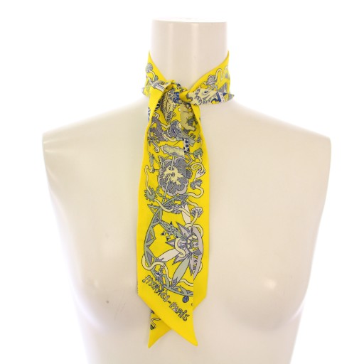 【中古】エルメス HERMES ツイリー LA FOLLE PARADE スカーフ シルク 総柄 黄色 イエロー /BB ■OH レディース