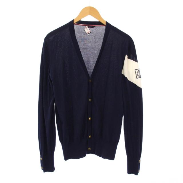 【中古】モンクレール MONCLER GAMME BLEU ニットカーディガン 長袖 Vネック ストレッチ 薄手 ロゴ M 紺 ネイビー