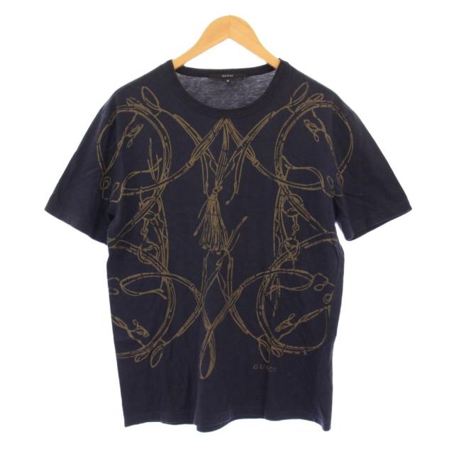【中古】グッチ GUCCI Tシャツ 半袖 クルーネック ストレッチ 総柄 M 紺 ネイビー /BB メンズ