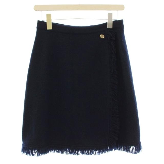 【中古】シャネル CHANEL カシミヤ ニット ラップスカート フリンジ ココマークボタン ひざ丈 38 ネイビー