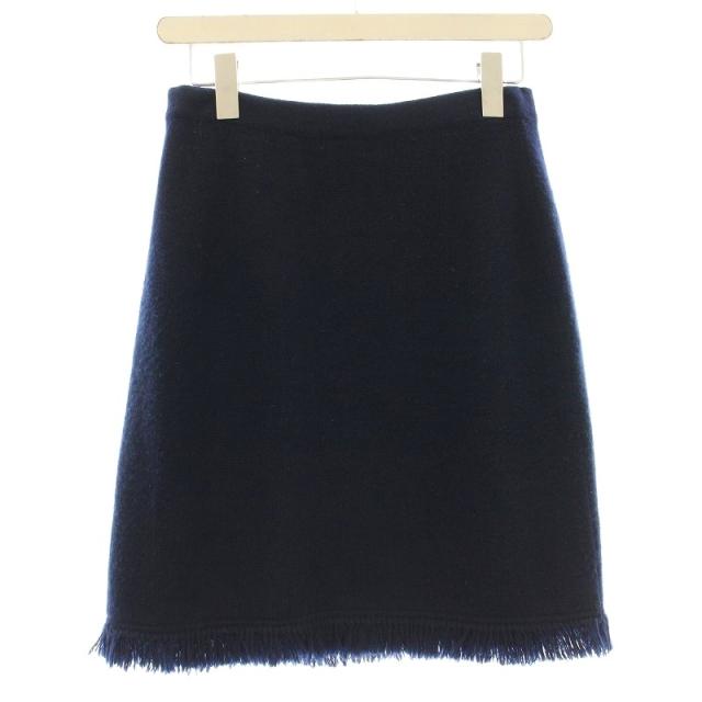 【中古】シャネル CHANEL カシミヤ ニット ラップスカート フリンジ ココマークボタン ひざ丈 38 ネイビー_1