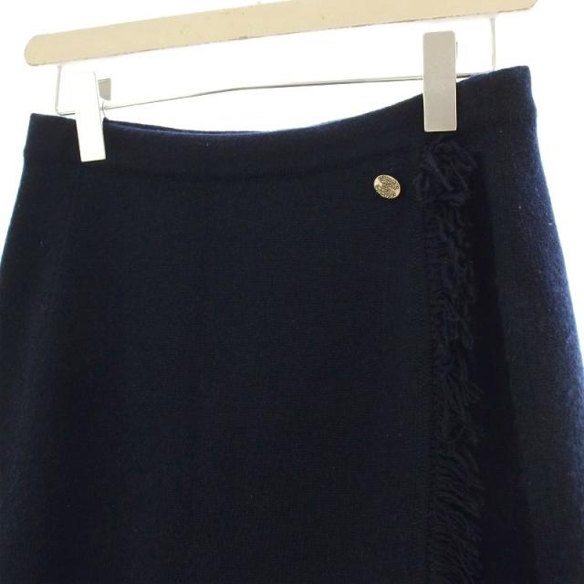 【中古】シャネル CHANEL カシミヤ ニット ラップスカート フリンジ ココマークボタン ひざ丈 38 ネイビー_3