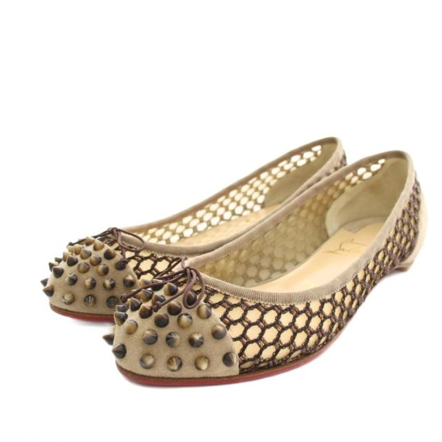 【中古】クリスチャンルブタン MIX FLAT パンプス アーモンドトゥ スタッズ 37.5 ベージュ 1160846 レディース