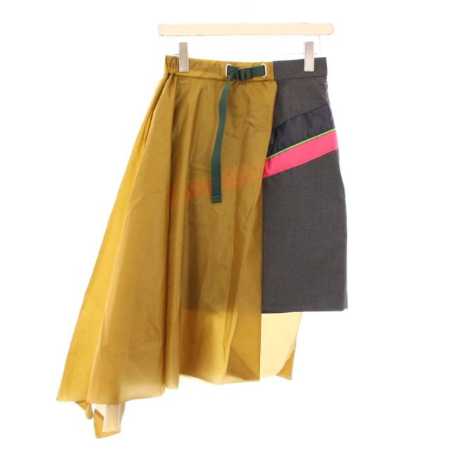 【中古】カラー kolor パネル切替アシンメトリースカート フレア ひざ丈 ベルト ナイロン ウール混 1 マルチカラー