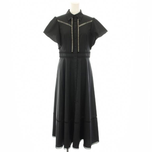 【中古】ルルウィルビー レーストリムシャツワンピース ロング 半袖 フリル ハトメ 2 黒 21231014290 レディース