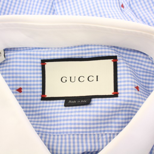 【中古】グッチ GUCCI カジュアルシャツ 長袖 レギュラーカラー チェック柄 ハート柄 刺繍 43 青 ブルー /BB メンズ 中古】グッチ GUCCI カジュアルシャツ 長袖 レギュラーカラー チェック