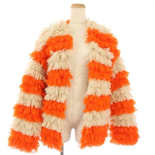 【中古】ドゥロワー Drawer 3Gフリンジボーダーカーディガン カシミヤ混 長袖 オレンジ 白 6515-299-0408 レディース