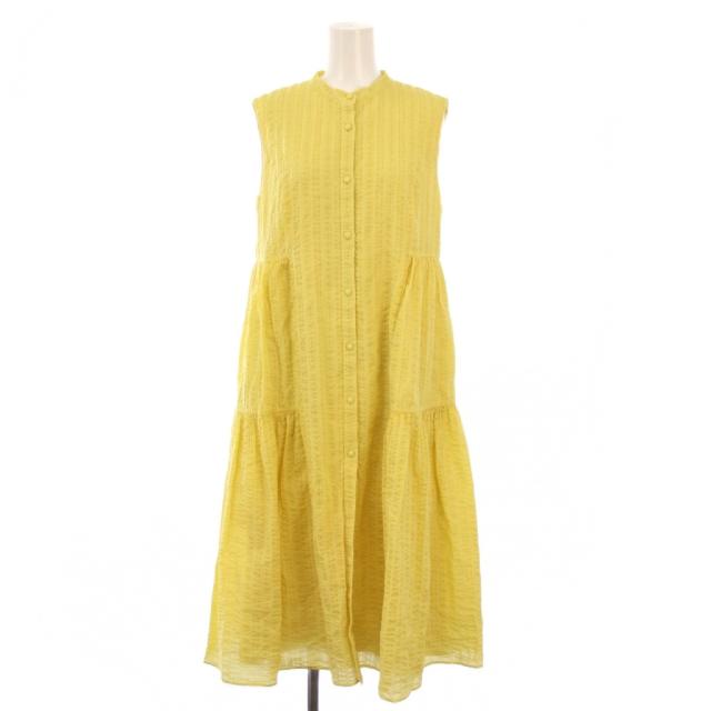 【中古】フォクシーニューヨーク サラサラドレス フレアワンピース ミモレ ロング ノースリーブ バンドカラー 黄色