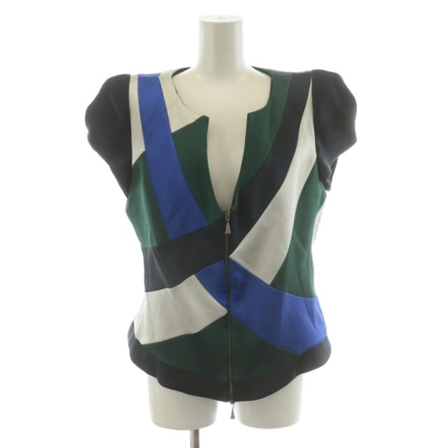 【中古】ジョルジオアルマーニ GIORGIO ARMANI シャツ ブラウス フレンチスリーブ ジップアップ シルク 44 緑 青 黒