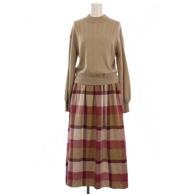 【中古】ブルーレーベルクレストブリッジ ドッキング ワンピース ロング 長袖 36 赤 ベージュ レディース