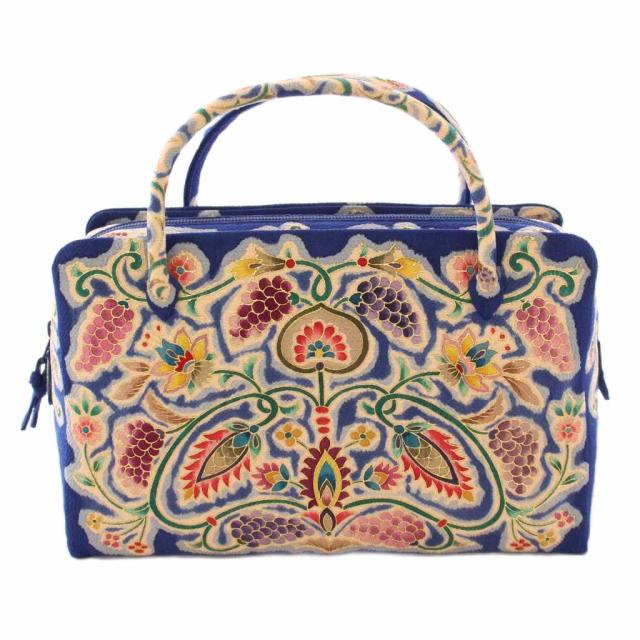 【中古】岡重謹製 友禅 利休バッグ お茶席バッグ 正絹友禅バッグ ハンドバッグ シルク 花柄 総柄 青 マルチカラー