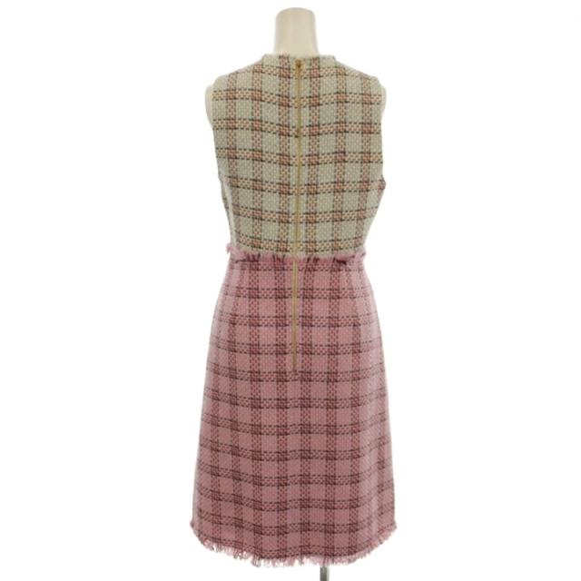 【中古】グッチ GUCCI ノースリーブ ツイード ワンピース フリンジ ひざ丈 チェック 36 白 ピンク 432663_1