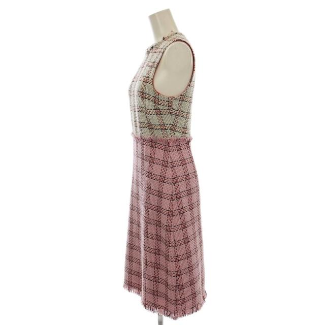 【中古】グッチ GUCCI ノースリーブ ツイード ワンピース フリンジ ひざ丈 チェック 36 白 ピンク 432663_4