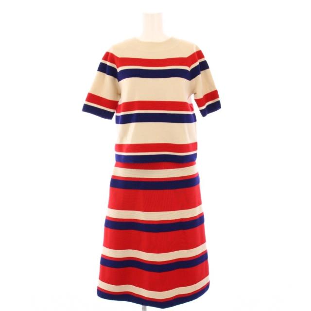 【中古】グッチ セットアップ ニット カットソー 半袖 フレアスカート ひざ丈 ボーダー S 赤 ベージュ 574161