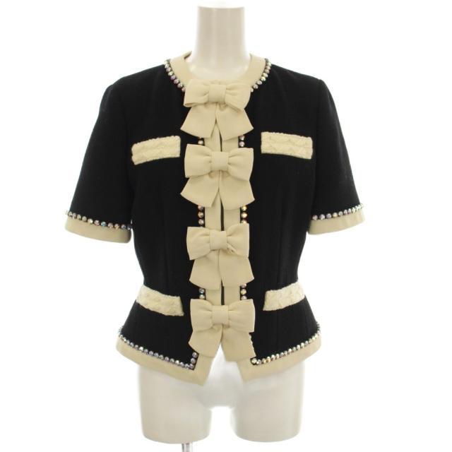 【中古】未使用品 グッチ GUCCI 半袖 ノーカラージャケット リボン ラインストーン 38 黒 ブラック 493637