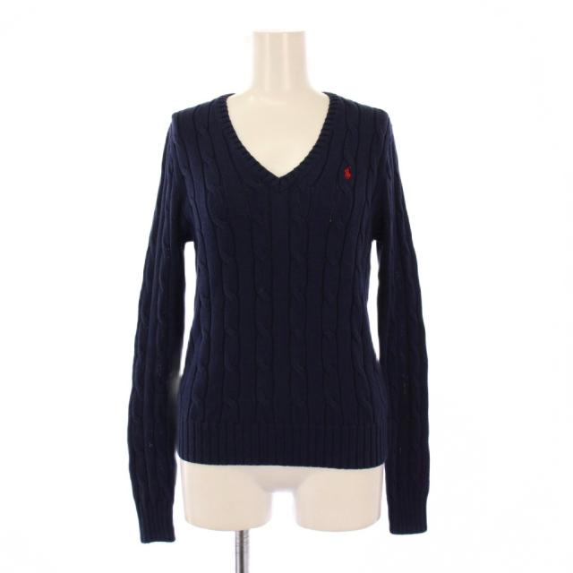 【中古】ポロ バイ ラルフローレン Polo by Ralph Lauren ニット セーター 長袖 Vネック ロゴ 刺繍 ワンポイント 紺