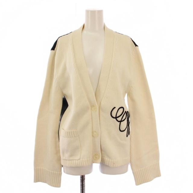 【中古】オフホワイト OFF WHITE ニットカーディガン 長袖 Vネック 切替 バイカラー ロゴ 40 白 ホワイト 黒