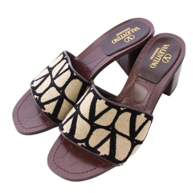 【中古】ヴァレンティノ ガラヴァーニ トワル イコノグラフ サンダル スクエアトゥ チャンキーヒール 36 茶