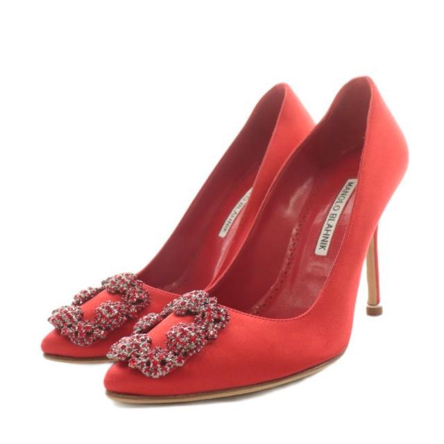【中古】マノロブラニク MANOLO BLAHNIK パンプス ハイヒール ポインテッドトゥ ビジュー サテン 35.5 赤 レッド