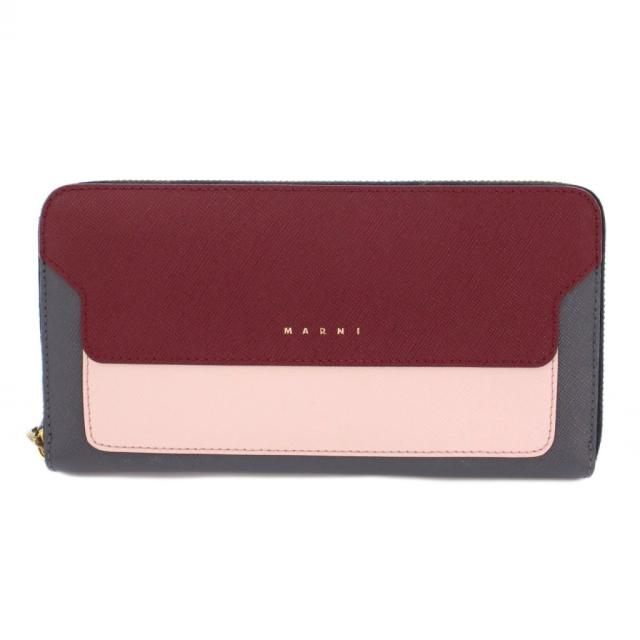 【中古】マルニ MARNI トランク 長財布 ロングウォレット レザー ラウンドファスナー ロゴ グレー ボルドー ピンク