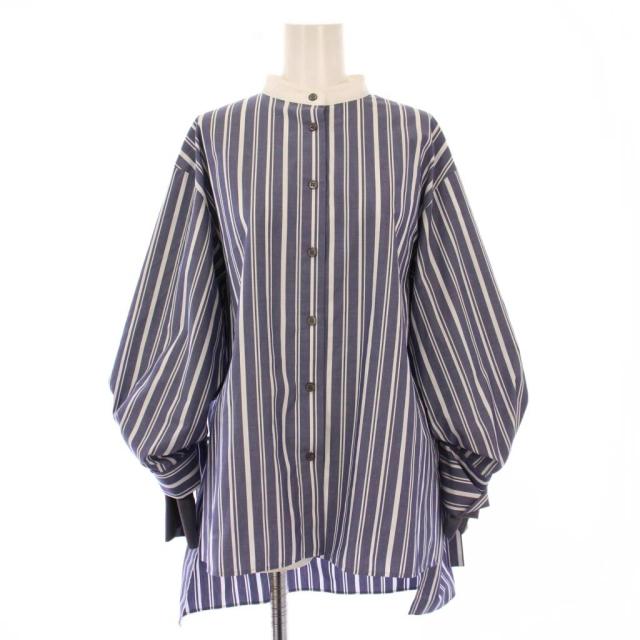 【中古】アドーア マルチストライプシャツ ブラウス 長袖 バンドカラー ウール バイカラー 38 青 ブルー 白