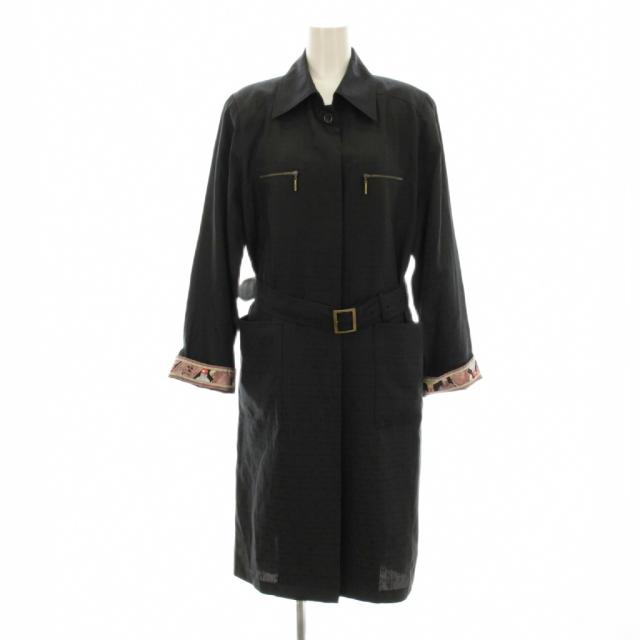 【中古】レオナール FASHION ステンカラーコート スプリングコート ロング ロゴ 総柄 シルク 11R 黒 ブラック 0398451