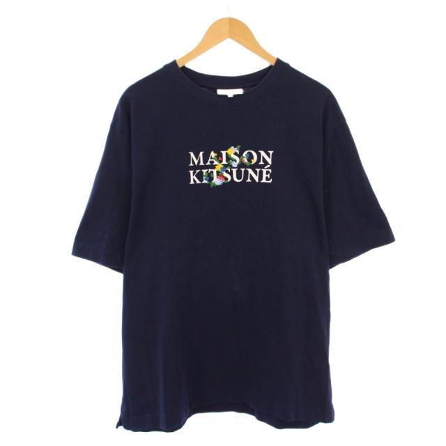 【中古】メゾンキツネ MAISON KITSUNE クルーネックTシャツ 半袖 ロゴ プリント L 紺 ネイビー LM00115KJ0119