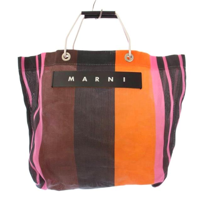 【中古】マルニ フラワーカフェ メッシュ トートバッグ ハンドバッグ ナイロン ロゴ ストライプ柄 マルチカラー